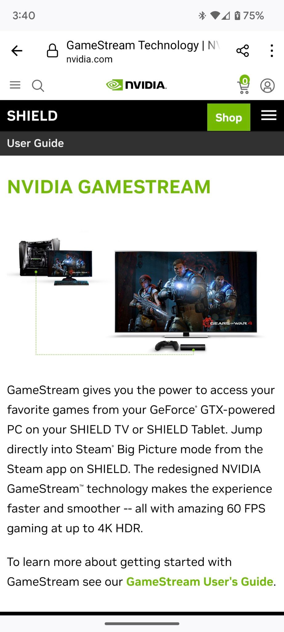 La page d'accueil de NVIDIA GameStream