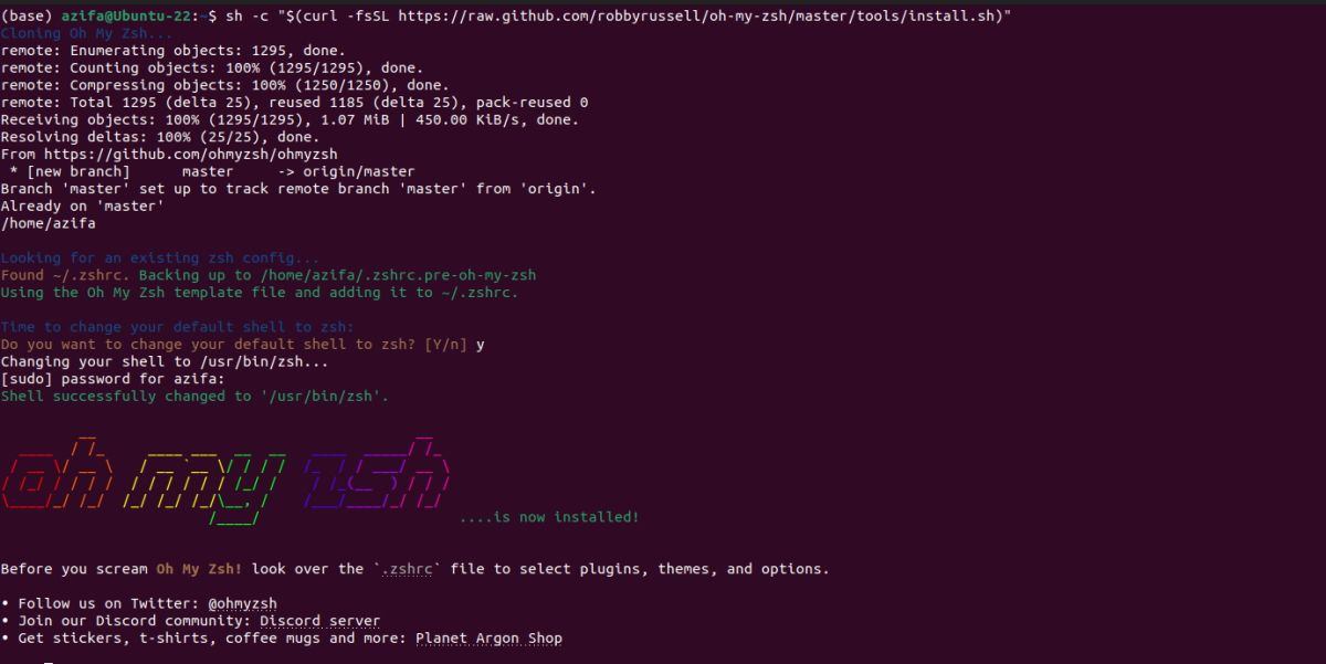 ubuntu terminal showing that ohmyzsh has been installed