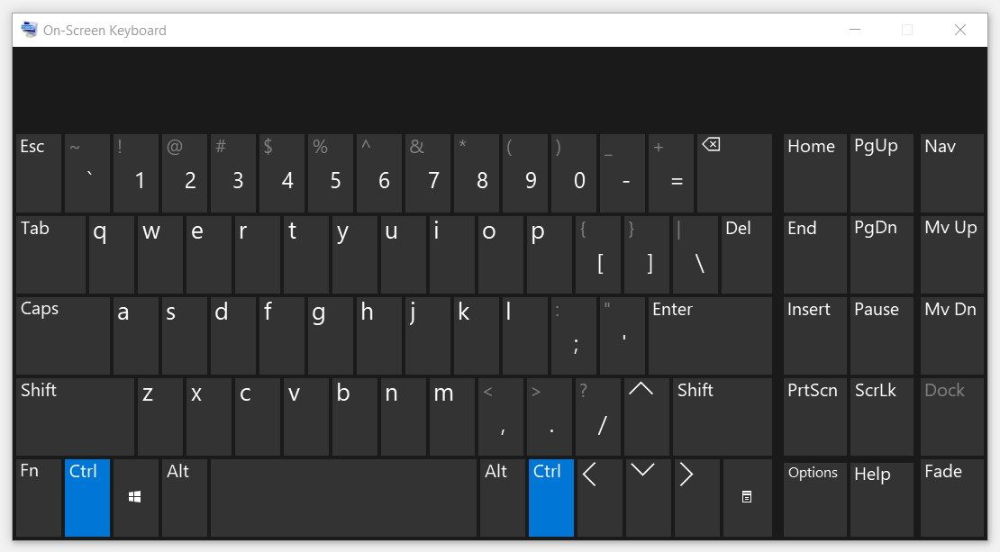 On-screen keyboard with a highlighted Ctrl key