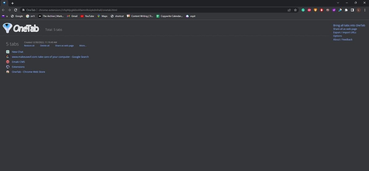 Screenshot showing OneTab extension