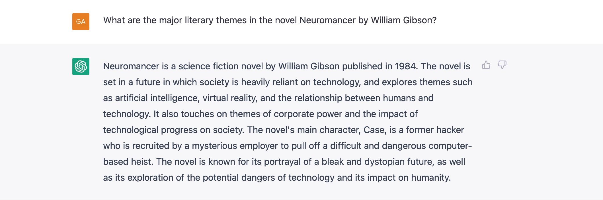 ChatGPT explains the themes of William Gobson's novel Neuromancer