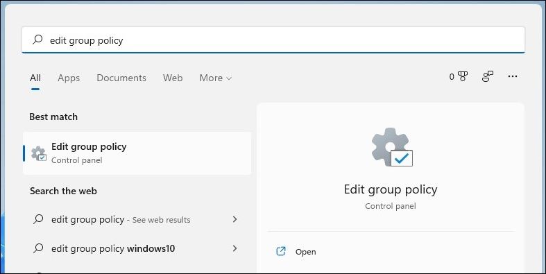 Ouvrir l'éditeur de stratégie de groupe à l'aide de la recherche Windows