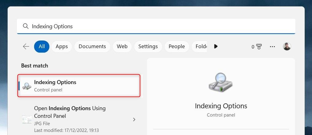 Open Indexing Options Using Search Tool