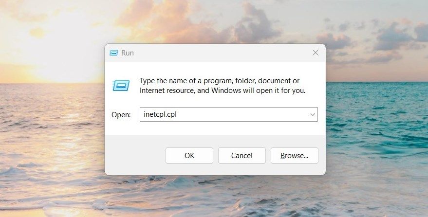 Open internet options using run command