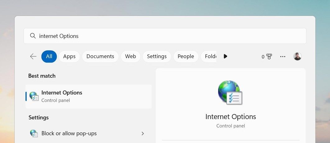Open internet options using the windows search tool