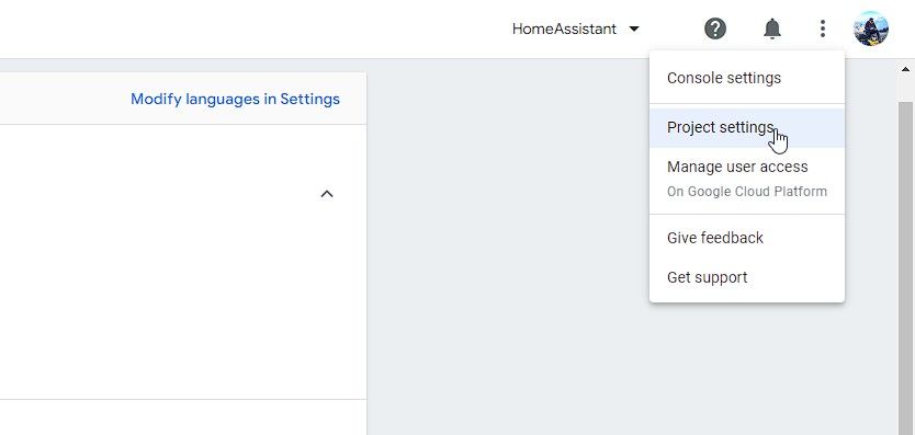 open the project settings in google console