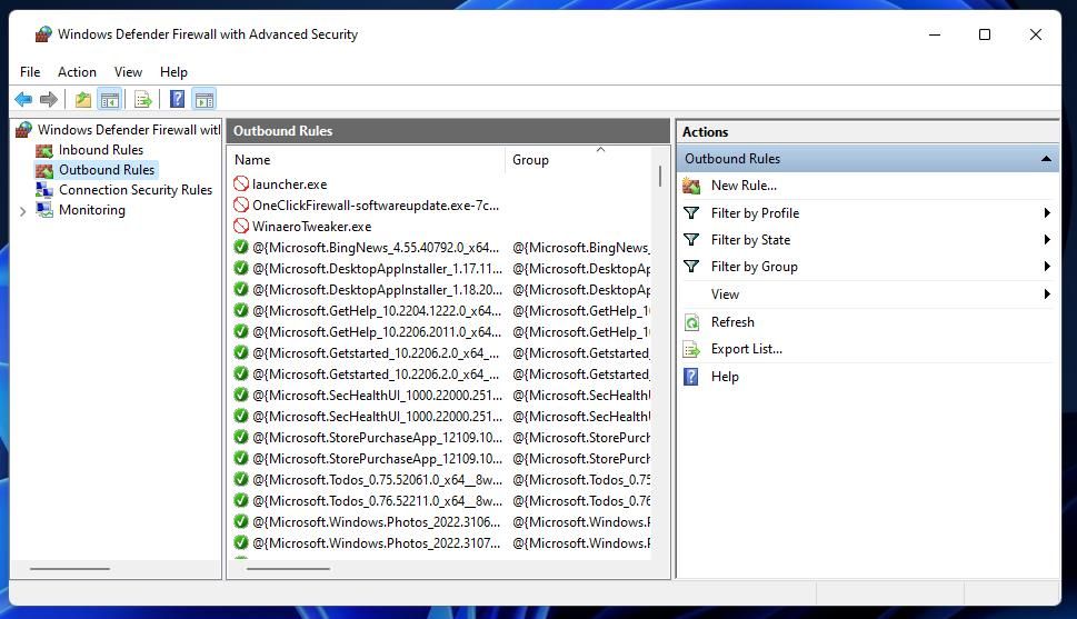 Outbound rules in the Windows Defender With Advanced Security app 