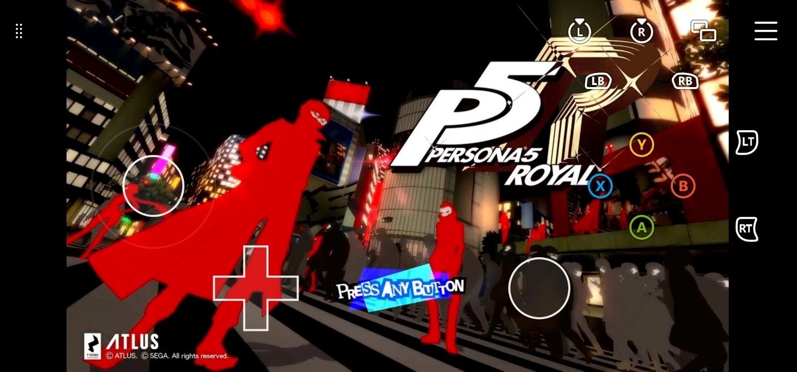 Ảnh chụp màn hình thiết bị di động phát trực tuyến Persona 5 Royal qua Xbox Game Pass với lớp phủ bộ điều khiển