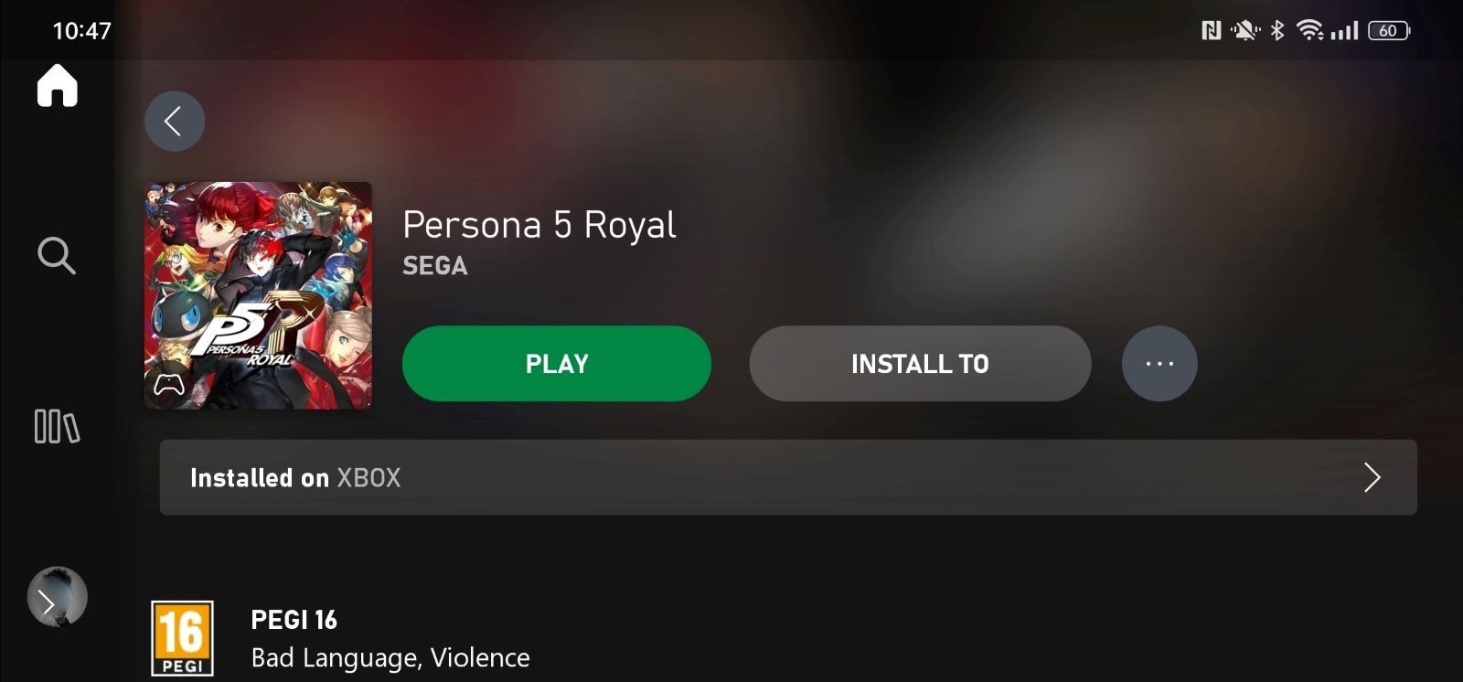 A screenshot of Persona 5 Royal on Xbox Game Pass with Play highlighted 