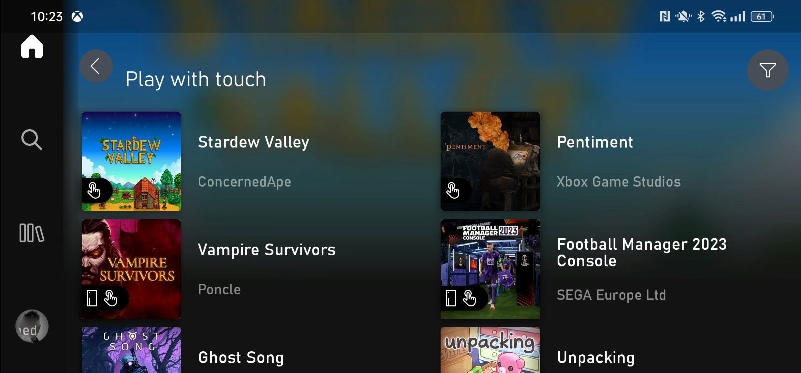 A screenshot of the available titles in the Xbox Game Pass Play With Touch category