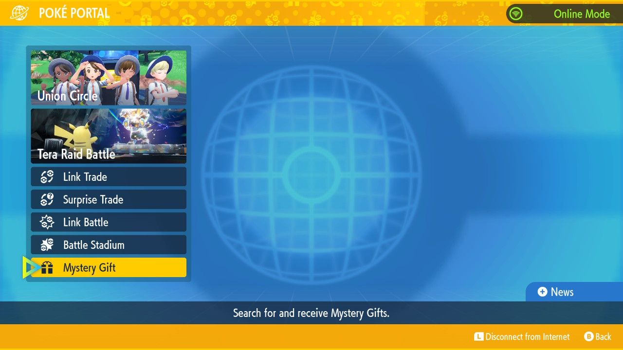 A screenshot of the Poke Portal options in Pokemon Violet with Mystery Gift highlighted 
