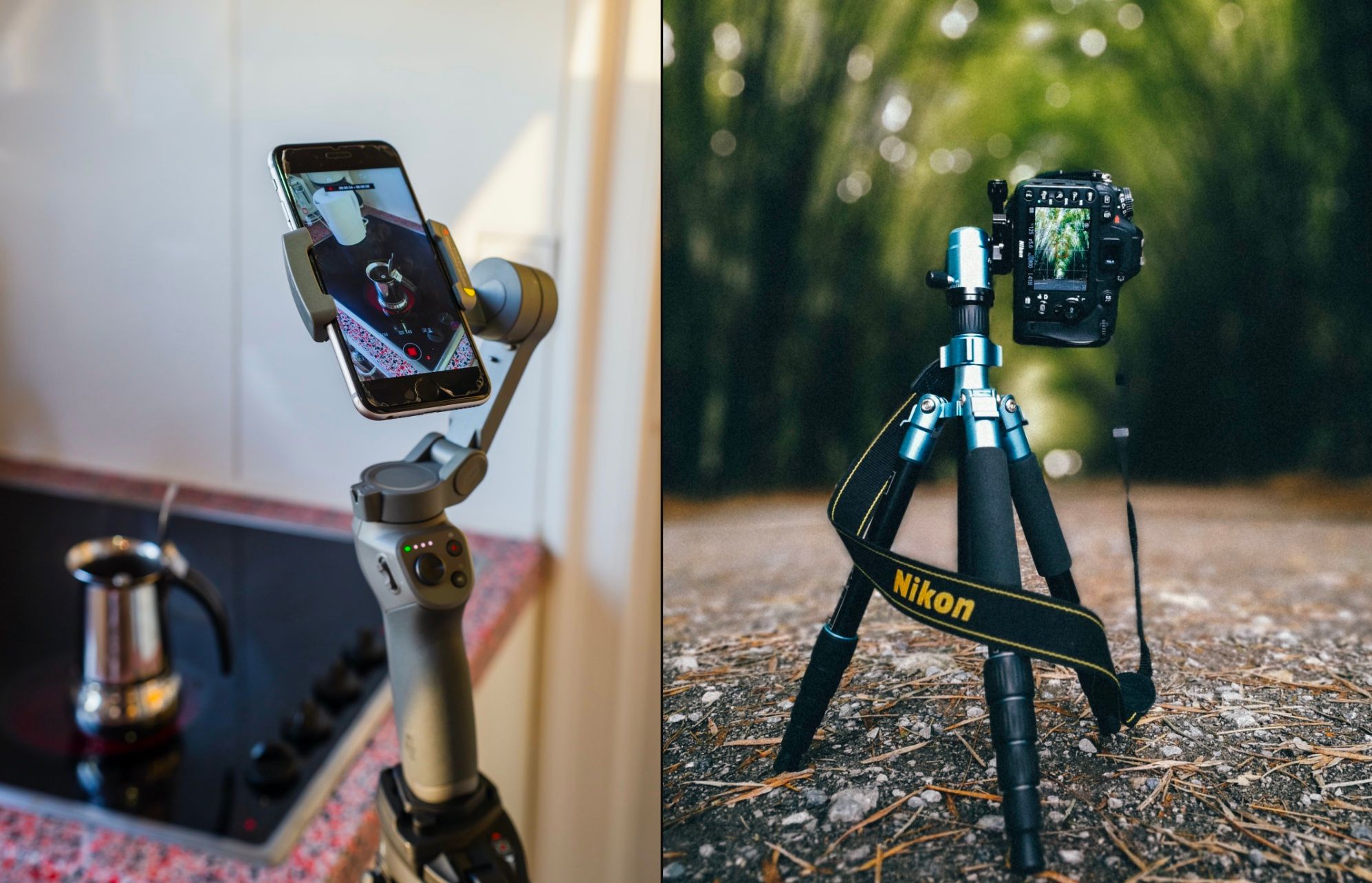 Two photos of tripods, one holding a phone camera, one holding a professional camera