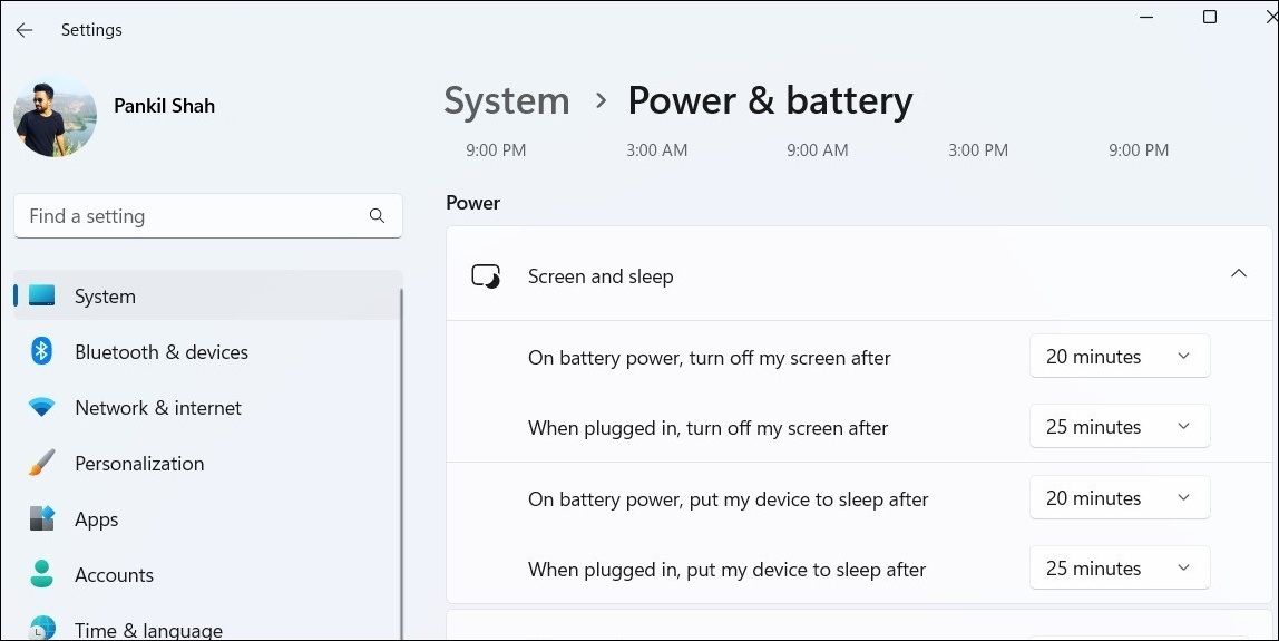 Windows power and battery settings