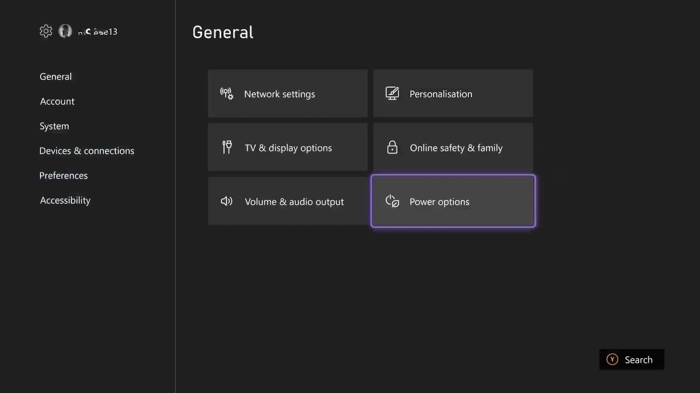 A screenshot of the general settings menu on Xbox Series X with power options highlighted 