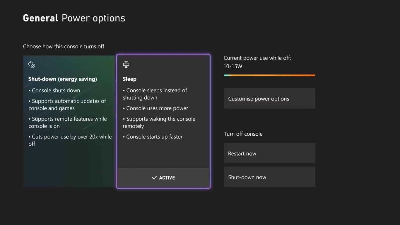 Screenshot of the General Power Options menu on Xbox Series X with Sleep highlighted