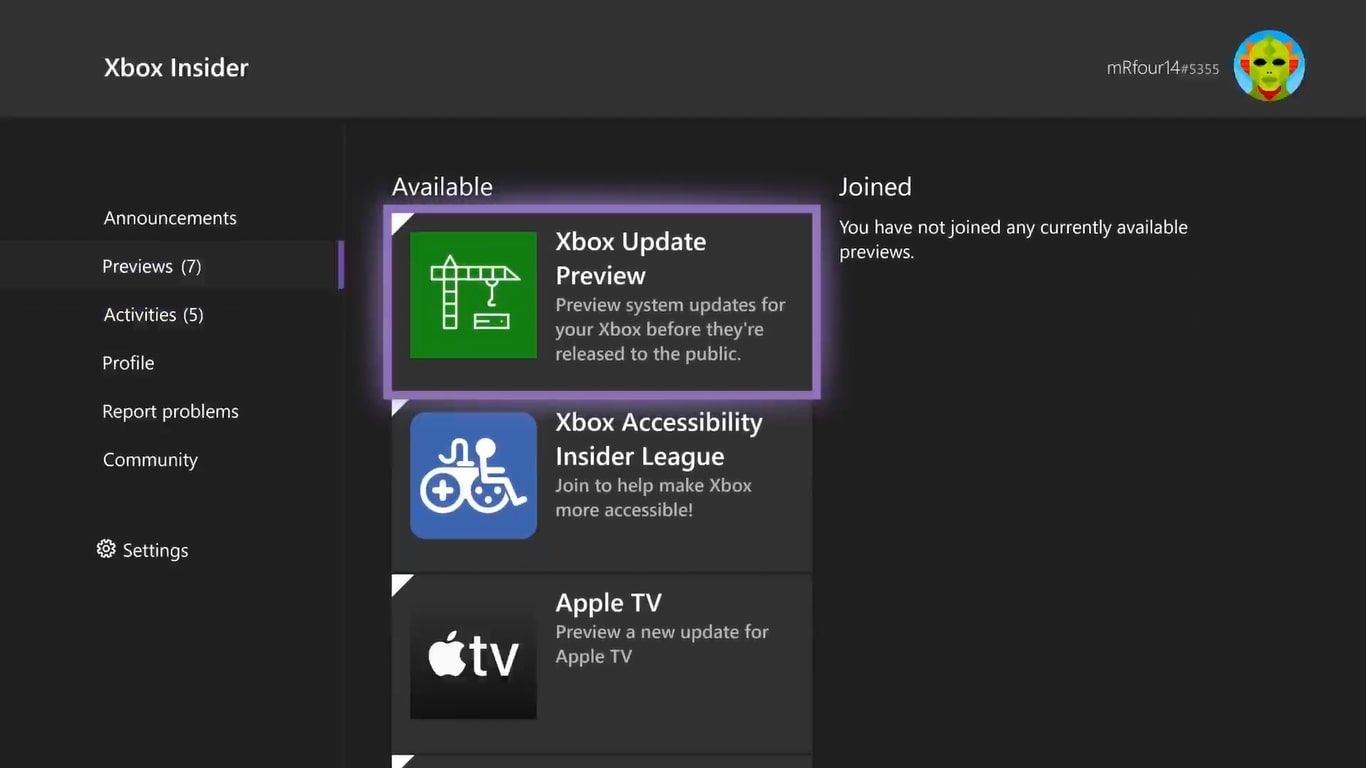 A screenshot of the previews section of the Xbox Insider Hub with Xbox Update Preview highlighted 
