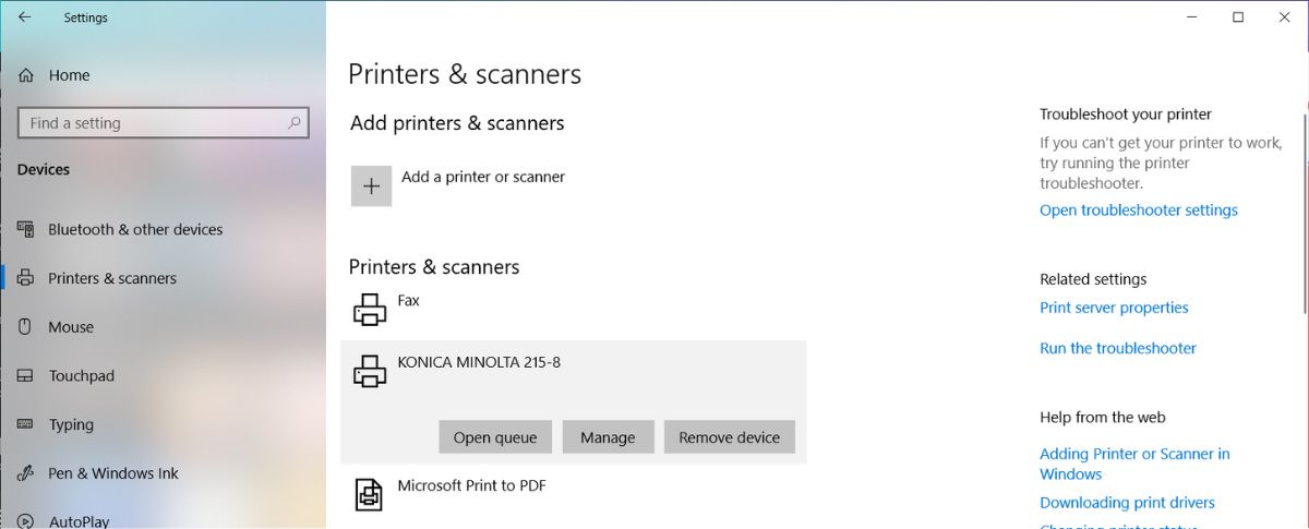 Printer settings in Windows 10