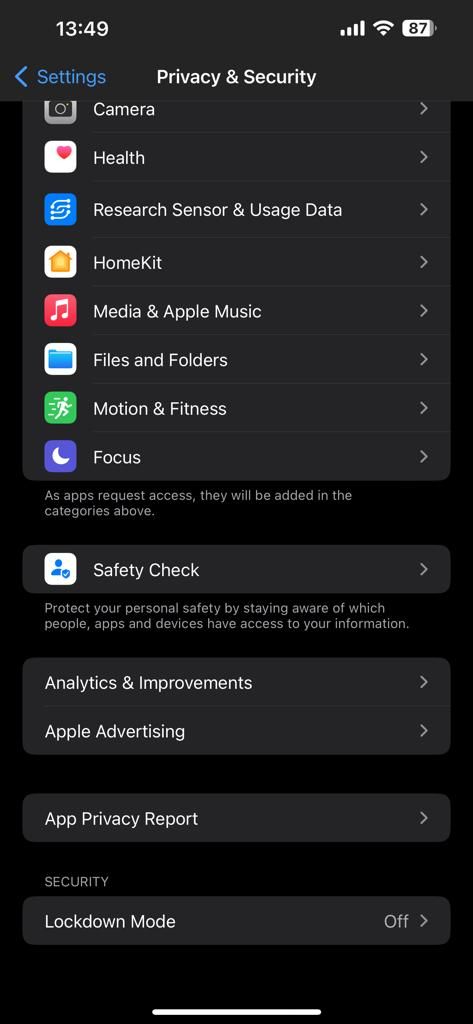 Screenshot showing iPhone's Privacy settings