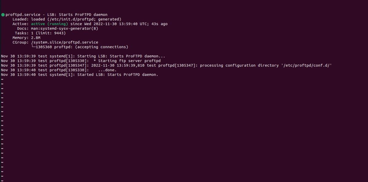 Ubuntu's Terminal displaying ProFTPD's active status