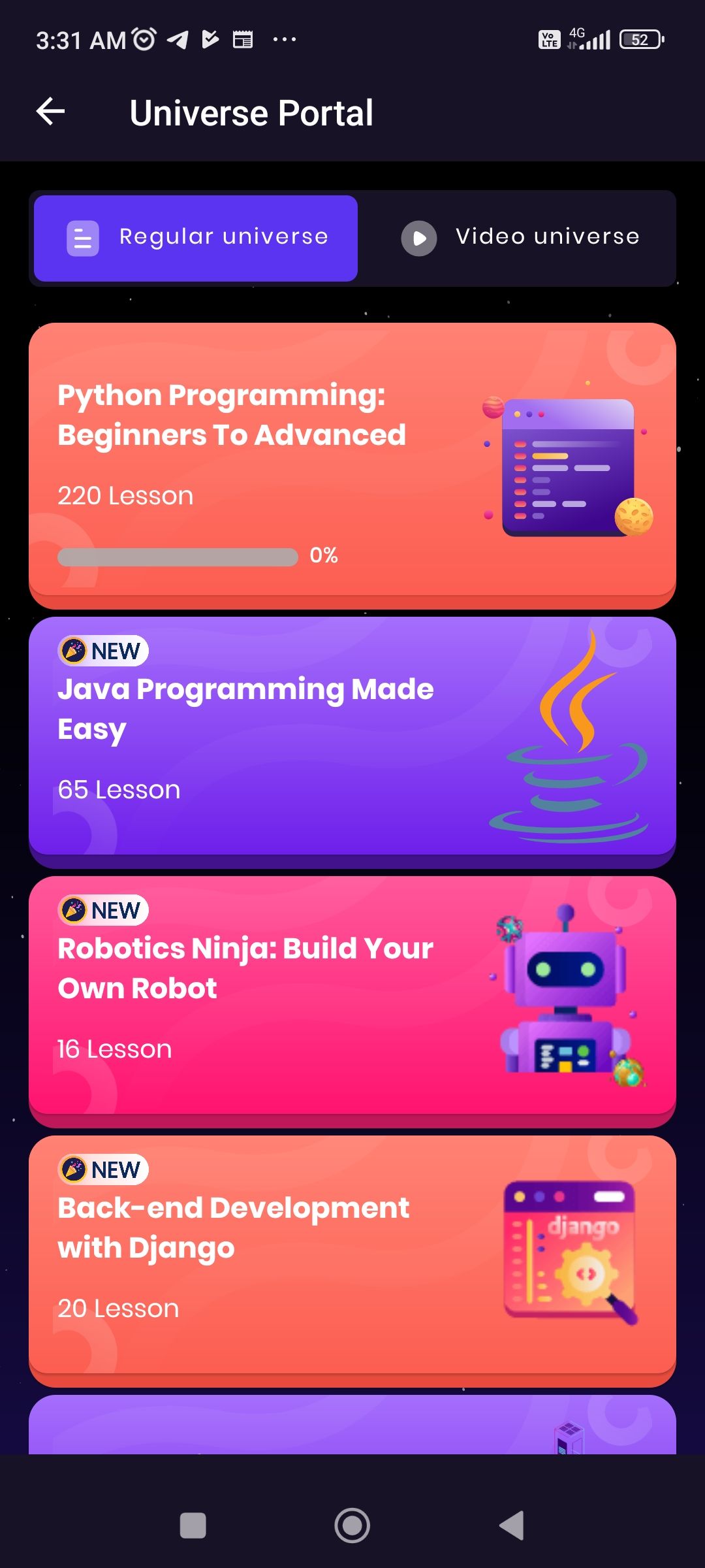 Programming Hero Universal Portal listing all available courses