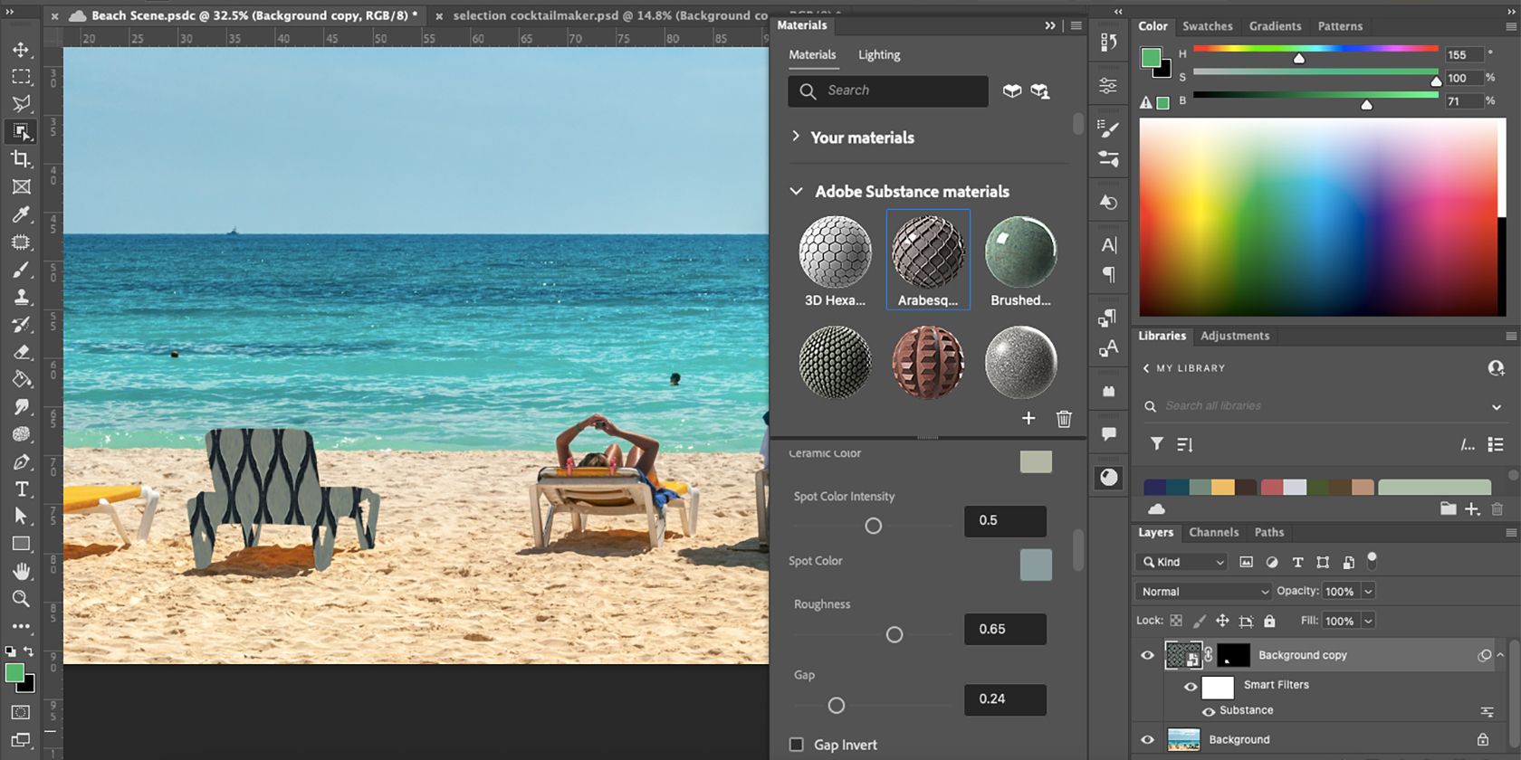 Photoshop with substance materials menu and texture on object
