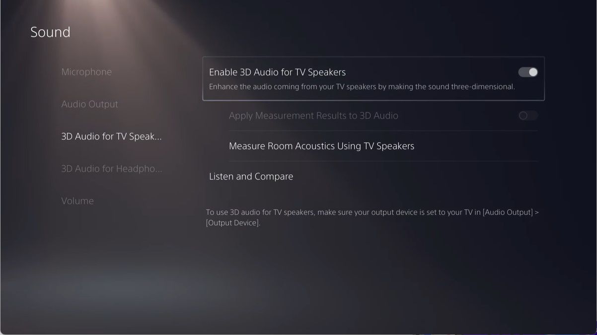 Audio 3D untuk speaker TV diaktifkan di PS5