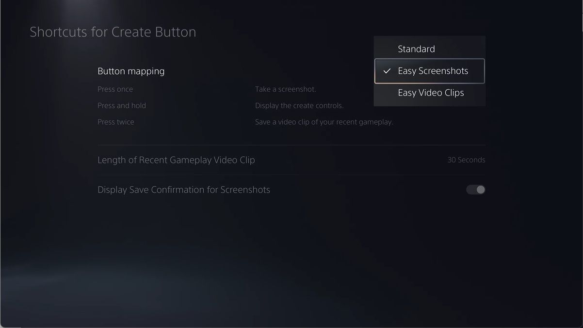 the button mapping menu for the create button in ps5 settings