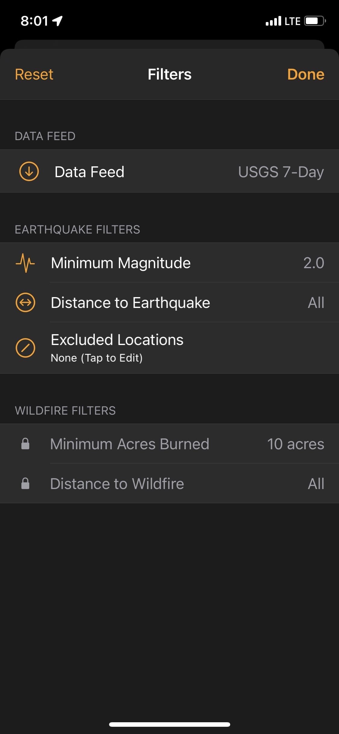 QuakeFeed app settings
