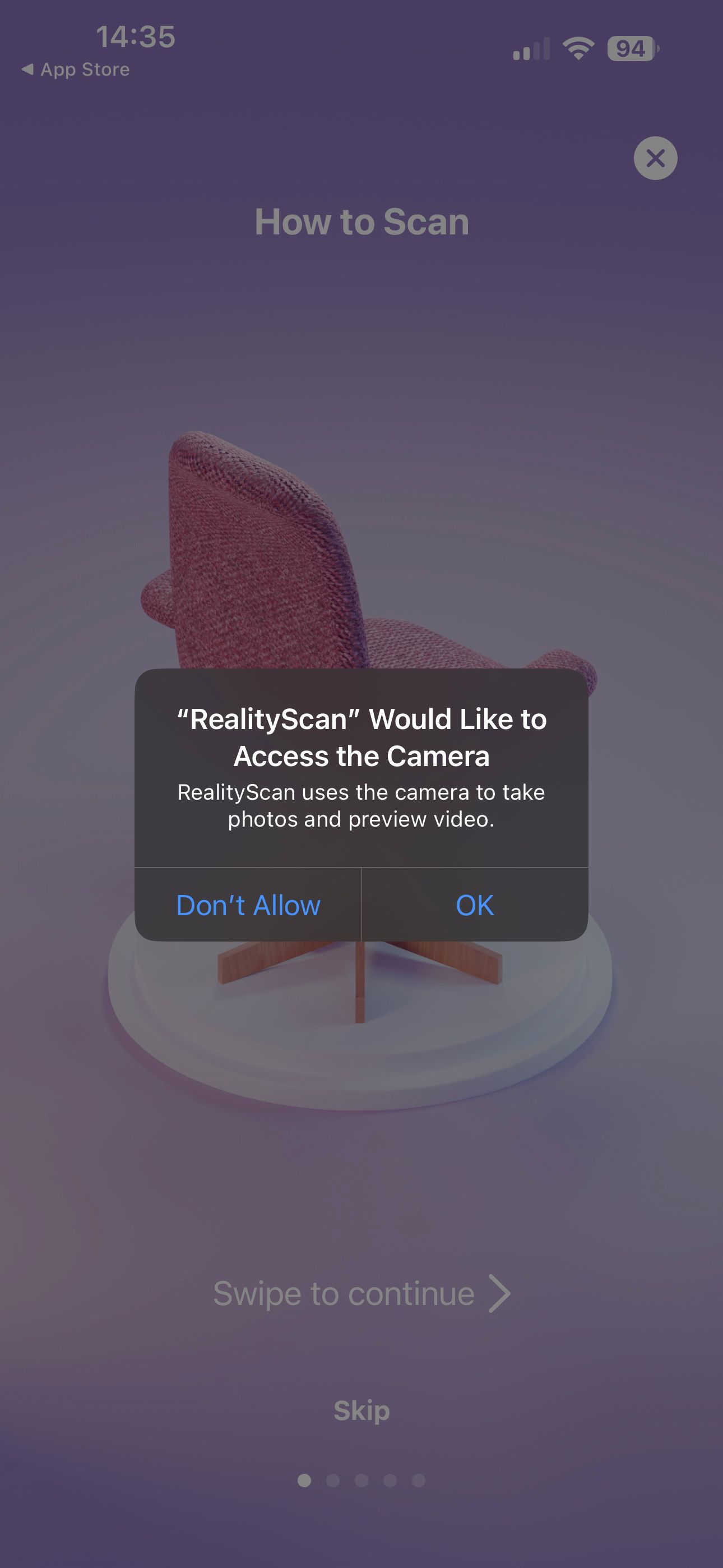 RealityScan Screenshot Asking Permission Access Camera iPhone iOS16