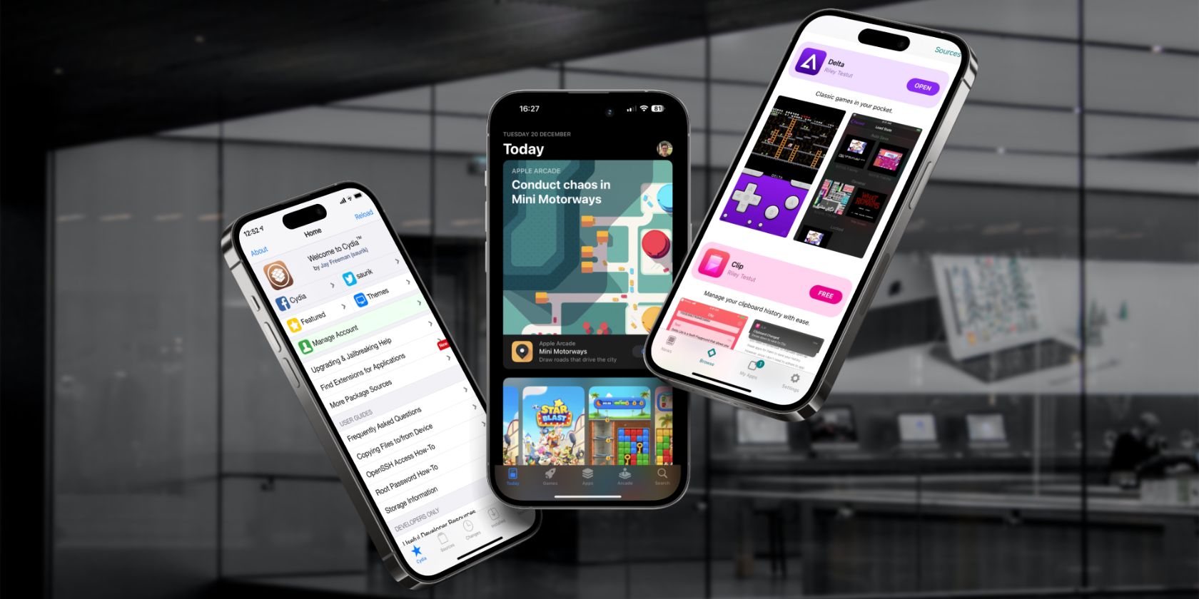 Three iPhones running the App Store, Cydia, and AltStore in front of black and white Apple store