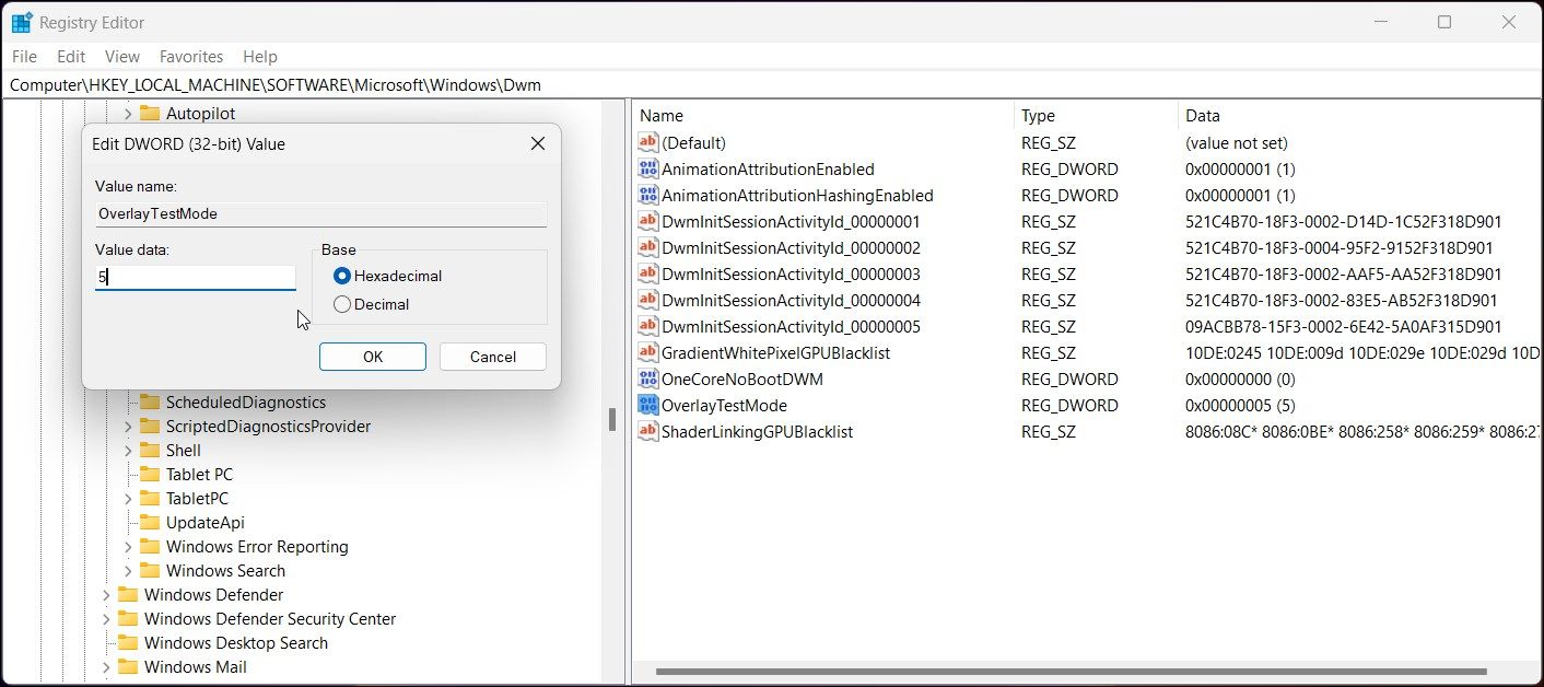 registry editor dwm new DWORD overlay Test mode modify data value 5