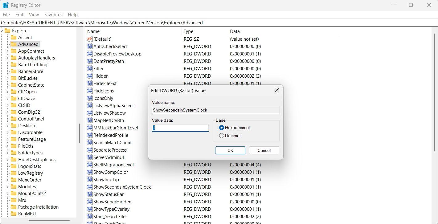 Registry Value to Enable Seconds in the registry editor