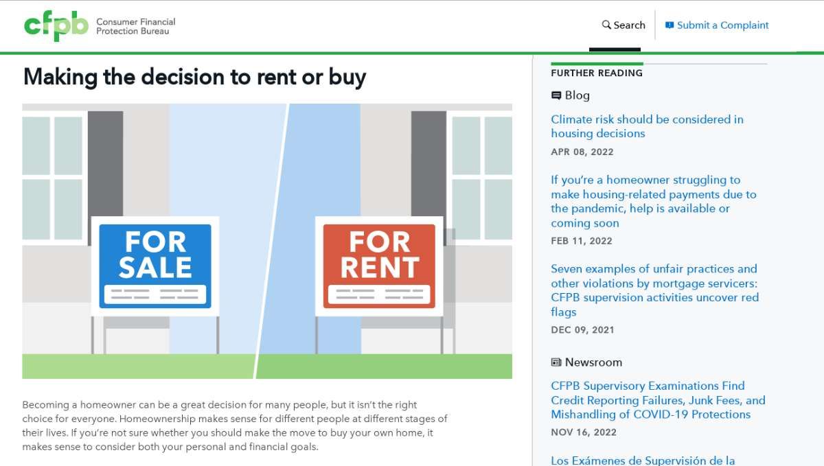 In a short article, the Consumer Financial Protection Bureau highlights three key things to remember when you're deciding between renting or buying a home