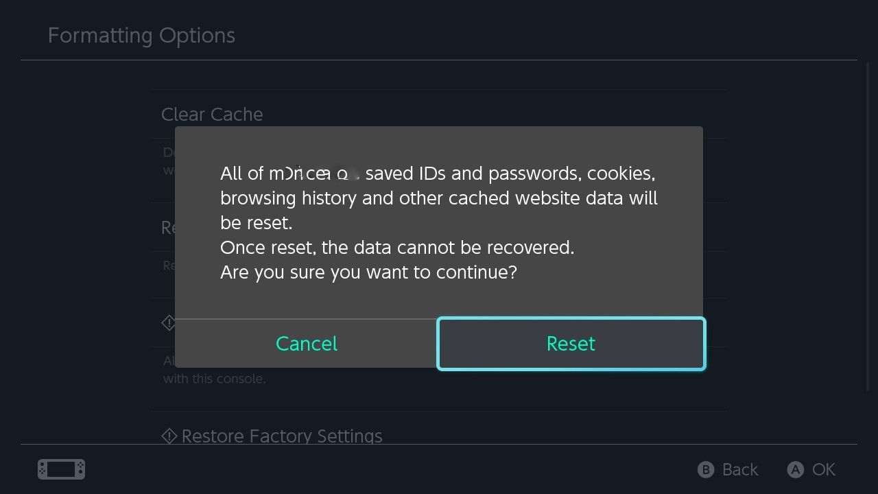 A screenshot of the clear your cache popup on Nintendo Switch with Reset highlighted