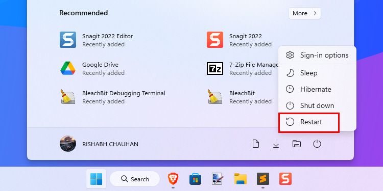 Opción de reinicio en Windows 11