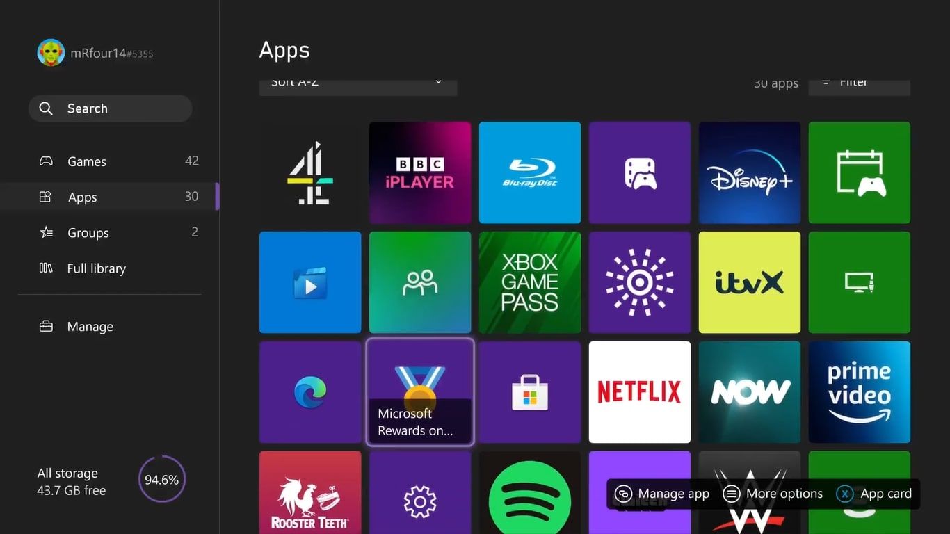A screenshot of the My Games and My Apps section of an Xbox Series X with the Microsoft Rewards app highlighted in the Xbox app 