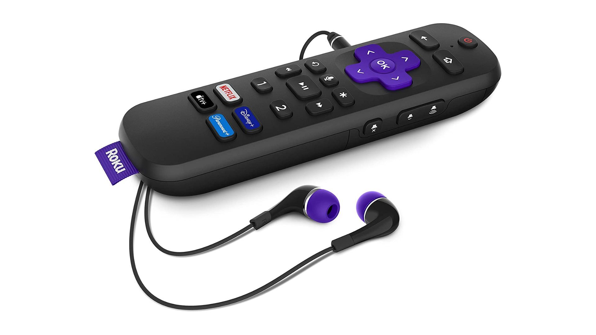 Roku Streambar Pro remote control and earbuds