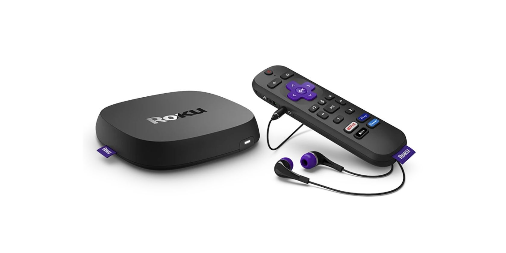 Roku Ultra streaming player, remote, and earbuds