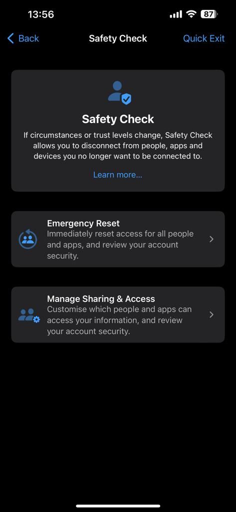 Screenshot showing iPhone's Safety Check options