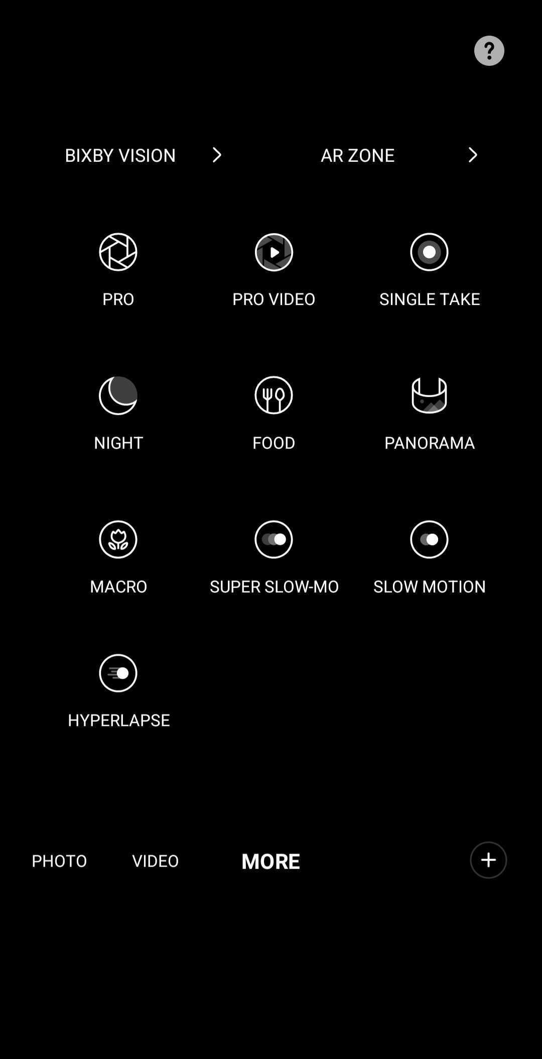 samsung camera modes list screenshot