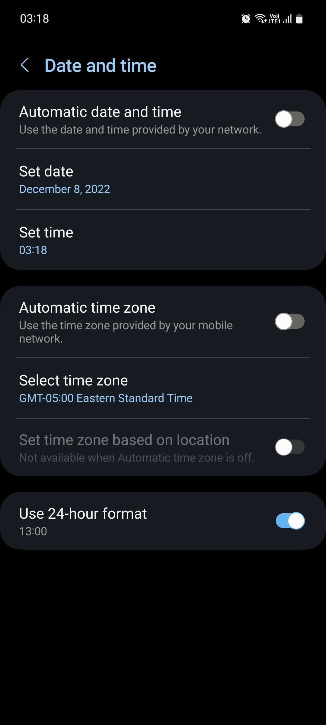 Samsung Date and time menu