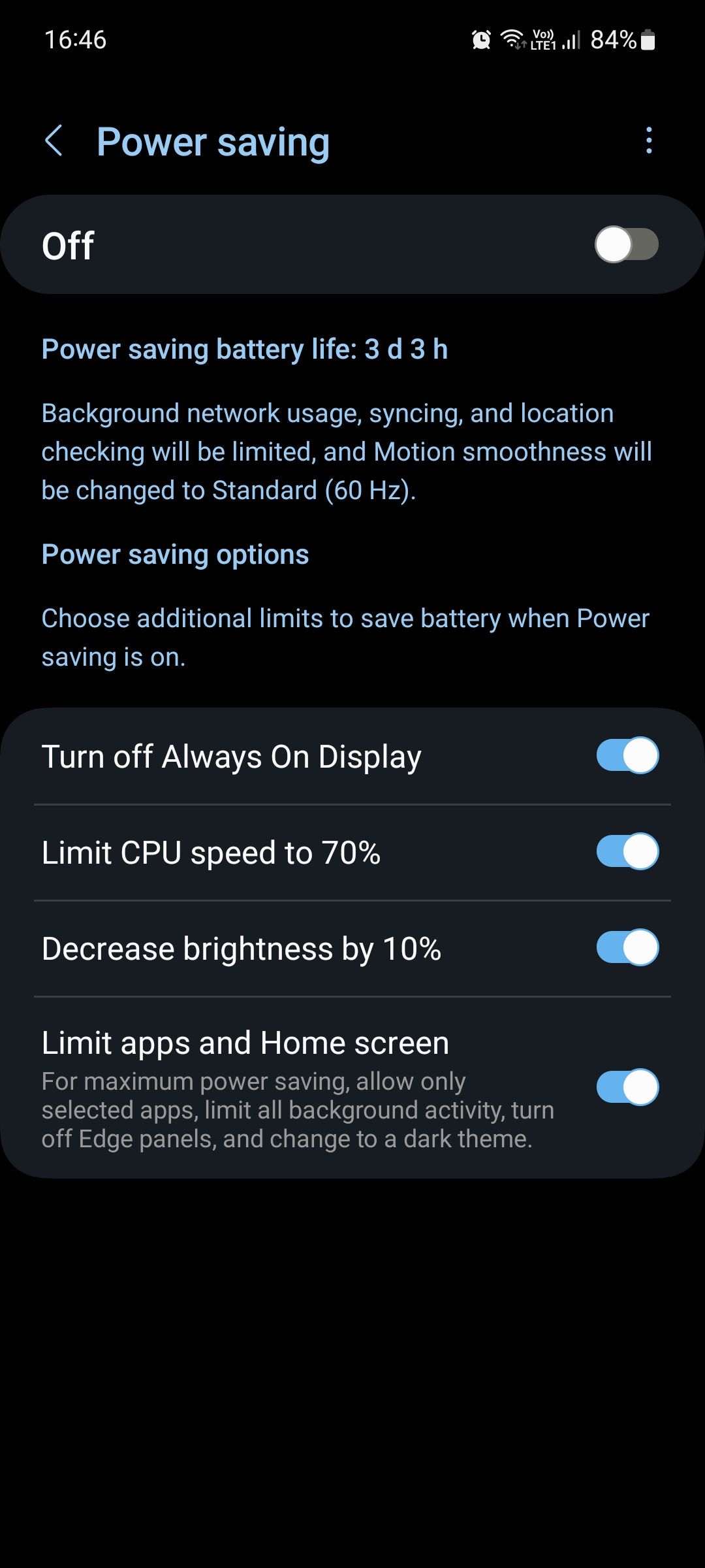 Samsung One UI 5 Power saving menu