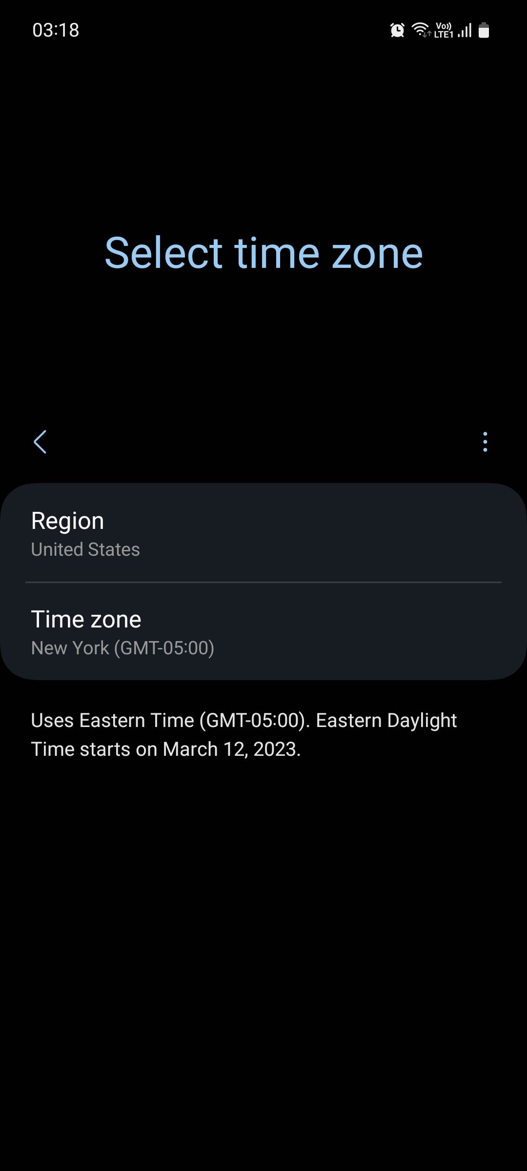 Samsung Select time zone menu