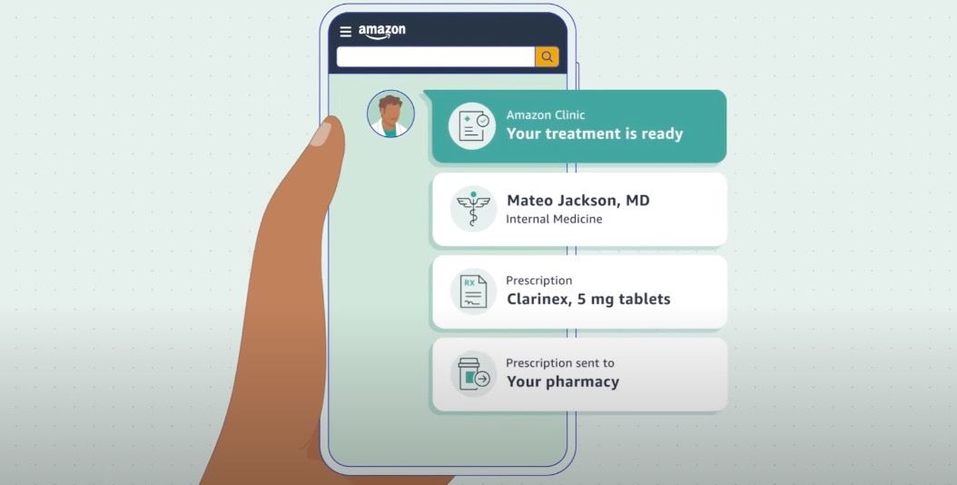 Graphic showing Amazon Clinic on a smartphone