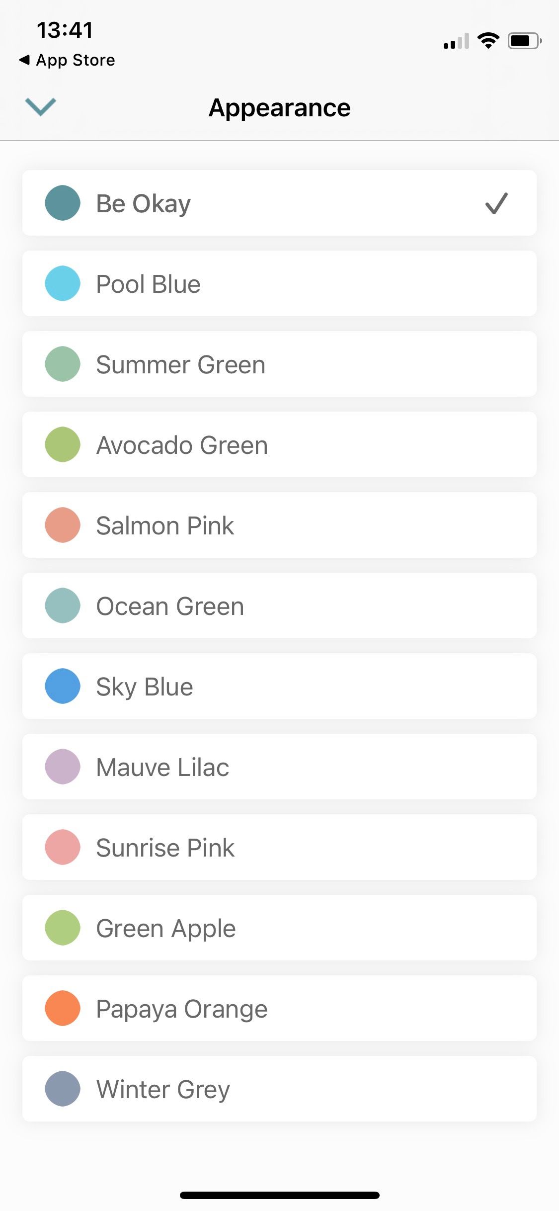 Screenshot of Be Okay app showing color options