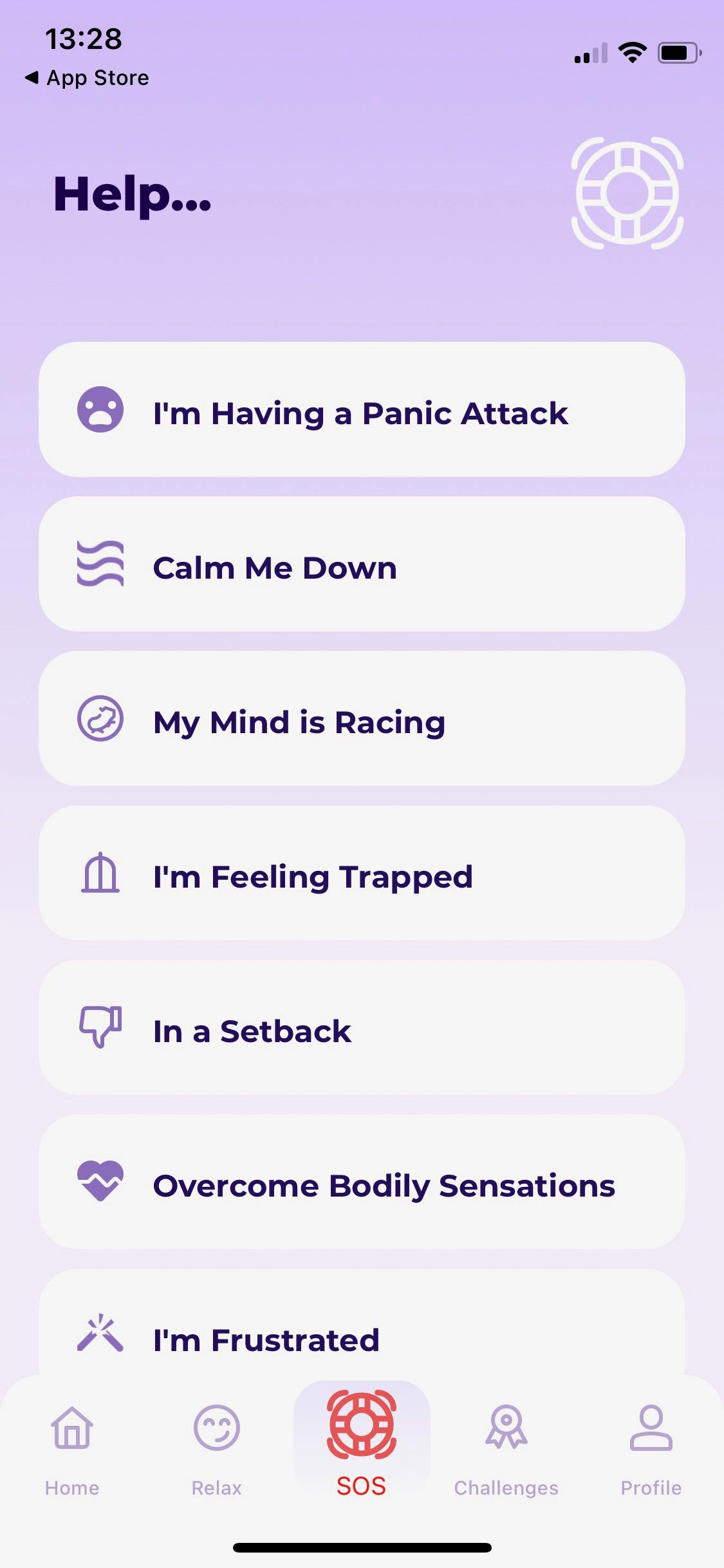 Screenshot of Dare app showing help options