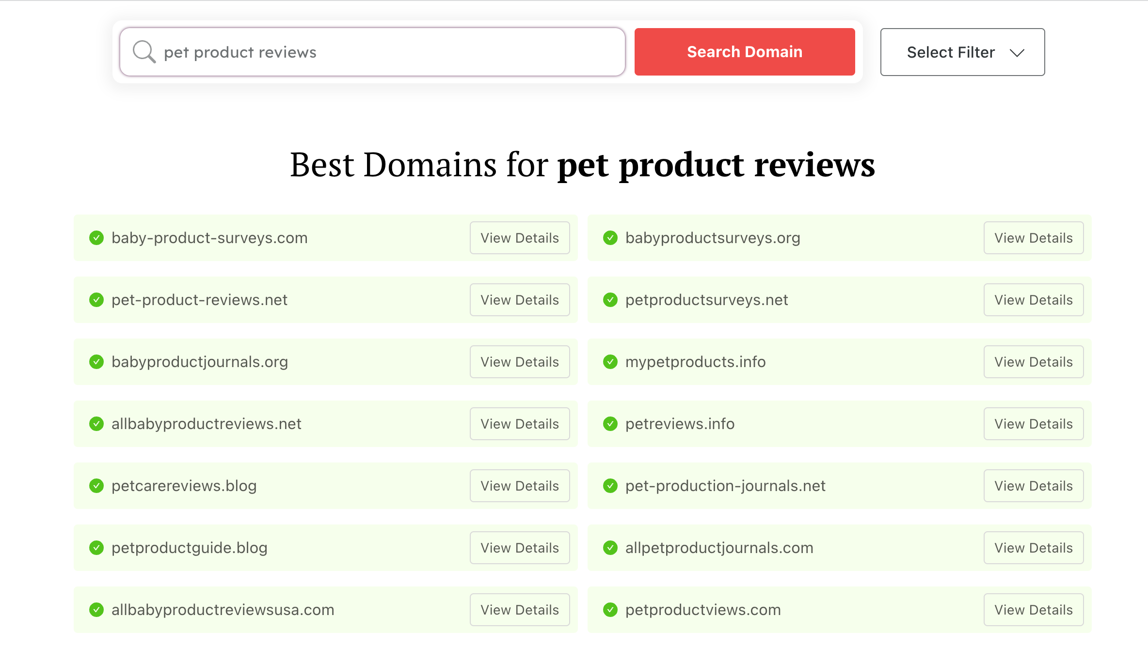 Screenshot of Domain Wheel domain name generator results