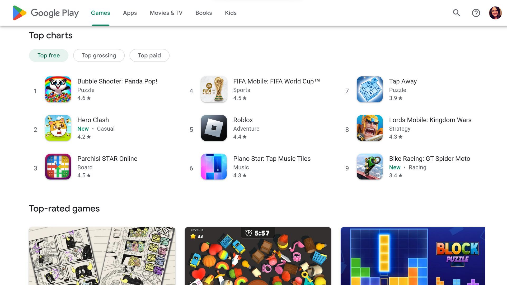 screenshot of google play store website, showing tabs for games, apps, movies & TV, books, and kids