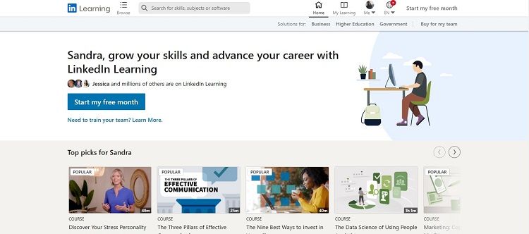 اسکرین شات صفحه اصلی LinkedIn Learning