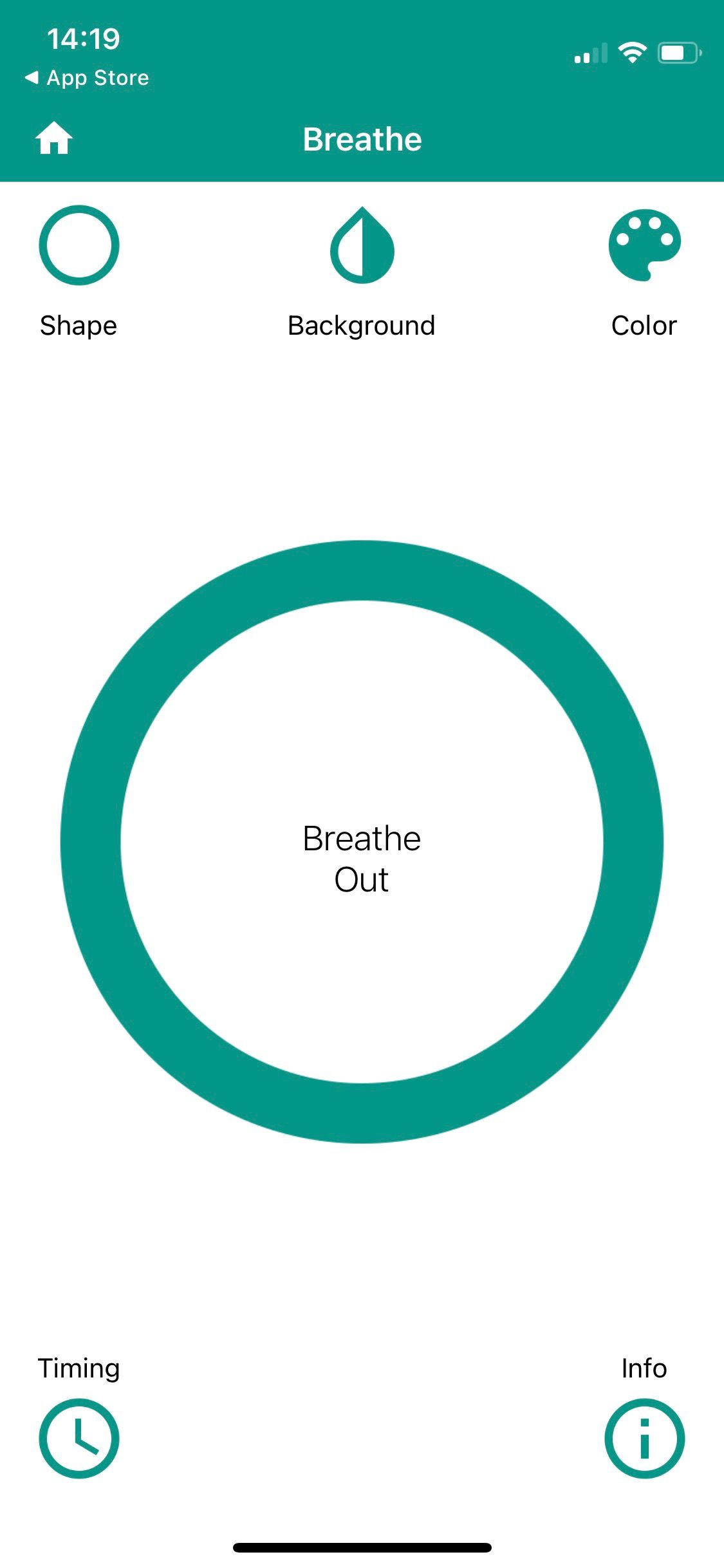 Screenshot of PanicShield app showing breathe screen settings